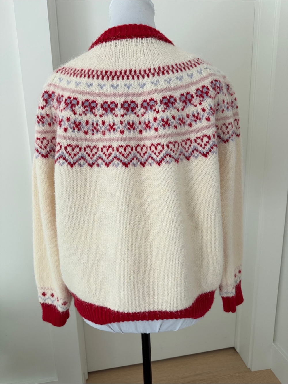 FAIR ISLE  Hearts Bows Cardigan Sweater Fuzzy Soft Cozy Pockets Nordic Soft Girl - Picture 7 of 17